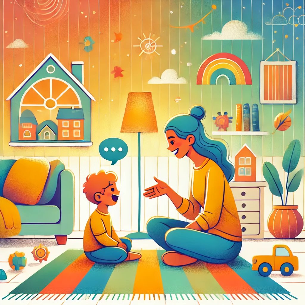 DALL·E 2024-12-13 13.55.21 - A vibrant and animated scene illustrating a parent and child engaging in emotional expression and connection. The setting is a cozy, colorful living r